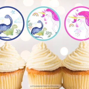 UNICORN Dinosaur Birthday cupcake toppers Dinosaur and UNICORN party decorations Unicorn and Dino invitation Dual Siblings Boy Girl party