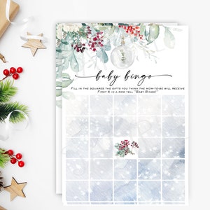 Winter baby shower game Baby Bingo, Christmas baby shower game Winter greenery red berries gender neutral