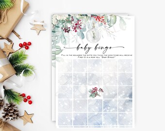 Winter baby shower game Baby Bingo, Christmas baby shower game Winter greenery red berries gender neutral