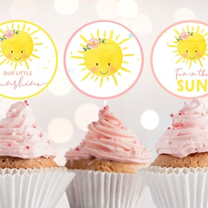Sunshine Cupcake Toppers, Sunshine Birthday Party Anhänger, Sunshine Birthday Girl pink rainbow instant download You are my sunshine