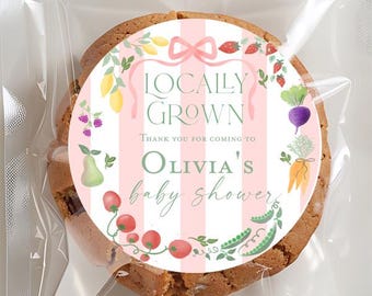 Locally grown baby shower sticker template pink, Farmer's market summer strawberry lemon fruit vegetables thank you tag favor tag instant