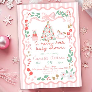 May include: A rectangular baby shower invitation card with a pink and white striped border and a scalloped frame. The design features a Christmas tree, gifts, a rocking horse, and candy canes. Text reads: A merry little baby shower, Camille Anders, Dec 28, 5pm, Stacy's Home, 4848 Santa Clause Way California 93932.