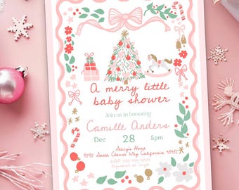 A merry little baby shower invitation Christmas tree baby invitation, Pink bow tree rocking horse candy cane santa hand drawn invite Holiday