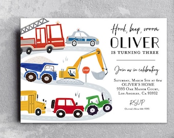 Transportation Birthday Invitation, Car Truck Birthday Invitation, Truck birthday party, Vehicles birthday invitation Construction firetruck