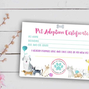 Adoption Certificate Puppy Kitty Party Adopt a Pet Sign AND Adoption ...