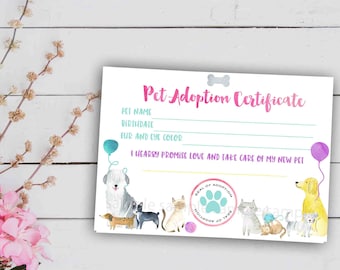 Adoption Certificate Puppy Kitty Party Adopt a pet Adoption certificate, Instant download Printable girl pet party, Cat and dog party