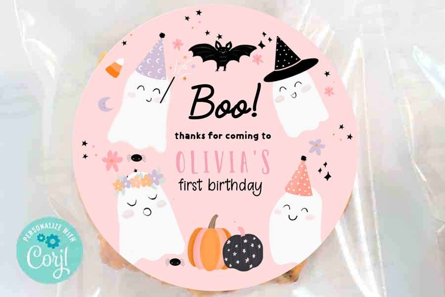 Editable pink halloween birthday party favor tag sticker, Two Spooky Spooky one Trick or Three Four ever Spooky birthday favor tags round