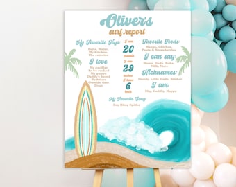 THE BIG ONE birthday milestone poster, baby's first birthday firsts memory board, Surf first birthday sunshine retro 70's summer party