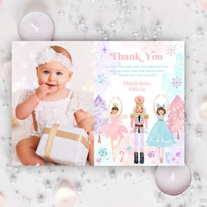 Cartão de agradecimento de aniversário quebra-nozes, convite de agradecimento da fada da ameixa de açúcar Pastel Ballet Pink, terra dos doces festa de bailarina bailarina