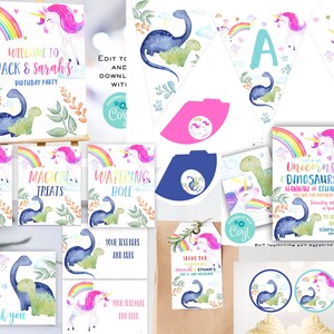 UNICORN Dinosaur Birthday Party Invitation PACK - Twins siblings birthday Banner Cupcake Toppers Welcome sign Party Favor tags and more