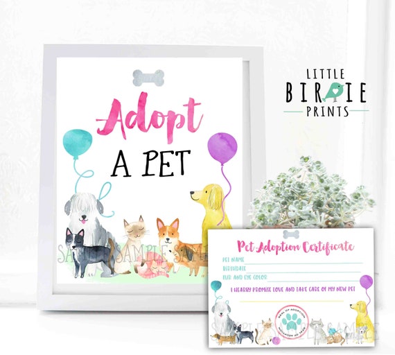 Adoption Certificate Puppy Kitty Party Adopt a Pet Sign AND - Etsy