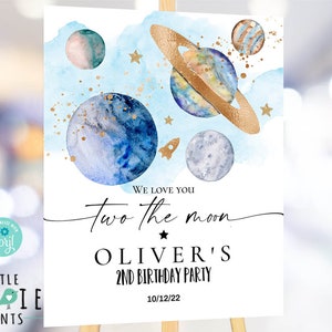 TWO THE MOON welcome sign outer space 2nd birthday party planets rocket blast off we love you two the moon, Decorations instant download