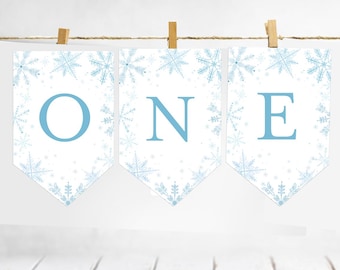 May include: A white banner with a blue snowflake pattern and the word "ONE" in blue letters. The banner is strung with twine and clothespins.