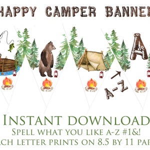 One Happy Camper First Birthday Decorations Banner / Camping Hunting Fishing birthday party or baby shower bunting Bear Lumberjack Camp