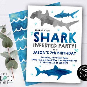 SHARK BIRTHDAY INVITATION  Shark Birthday party invitation  Shark Party Hammerhead shark Watercolor Boy Pool Party Summer Instant download