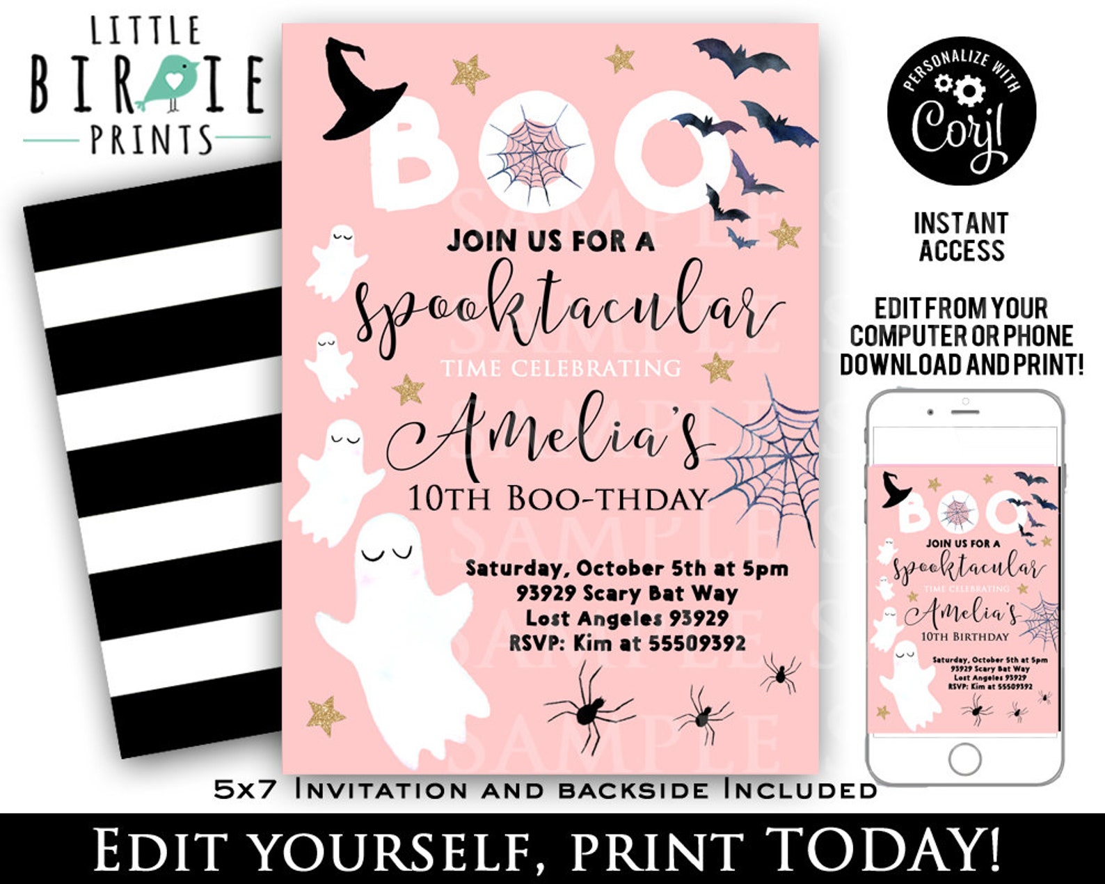 Pink Halloween Birthday Invitation Pink Gold Spooktacular Etsy