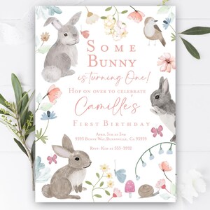 Pink Bunny first birthday invitation, Girl Bunny birthday party invitation, Some bunny is turning one 1st Birthday editable download