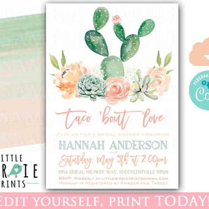 Taco &#39;bout love Bridal shower invitation Fiesta Cactus bridal shower invitation Cactus Bridal Shower invitation Watercolor flowers Succulent