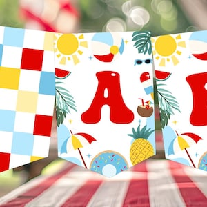 May include: A festive banner with alternating pennants. One features a red, yellow, and blue checkered pattern. The other pennants display the letters "A" and "B" in red, along with summer-themed illustrations like a sun, beach ball, and watermelon.