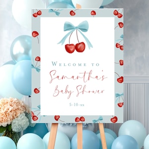 Cherry baby shower welcome sign, He&#39;s the cherry on top Blue Bow and cherry coquette baby shower, Boy baby shower welcome sign spring summer