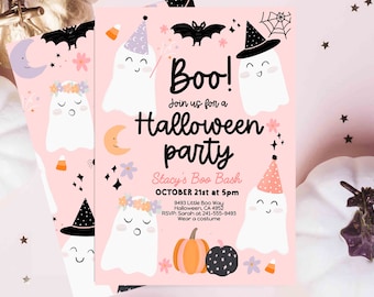 Halloween Party Pink Ghost Boo Party Invitation Editable, Ghost Second Birthday Spooktacular Costume party Birthday Instant