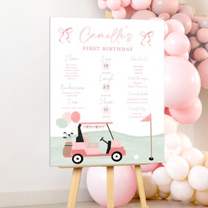 Golf Hole In One First Birthday Milestone Poster printable Editable Golf 1st Birthday Girl Invite Template Golf first birthday partee pink