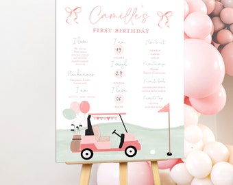 Golf Hole In One First Birthday Milestone Poster printable Editable Golf 1st Birthday Girl Invite Template Golf first birthday partee pink