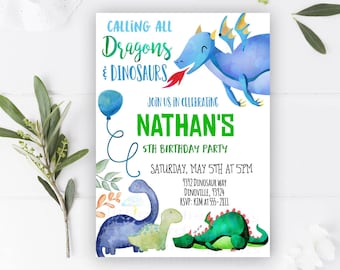 Dragons and Dinosaurs invitation Dragon dinosaur printable birthday invitation Dinosaur birthday party Dragon birthday printable party