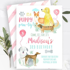 Puppy Dog Birthday Invitation, Watercolor Dog Puppy Birthday Invitation Girl Pet Birthday Invitation, Dog Invitation Editable Puppy Pawty