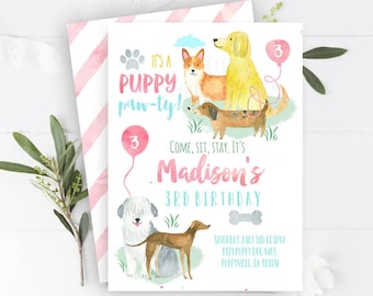 May include: A colorful invitation for a 3rd birthday party with a puppy theme. The invitation features a watercolor illustration of four dogs and a pink balloon with the number 3. The text reads "It's a Puppy Paw-ty! Come, Sit, Stay. It's Madison's 3rd Birthday."