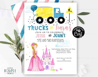 TRUCKS and TIARAS invitation Princess and trucks Castle Construction truck invitation Boy and girl party invitation siblings dual party