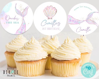 Oneder the sea Mermaid birthday cupcake toppers, Mermaid first birthday party decorations, Pastel mermaid tail purple editable download