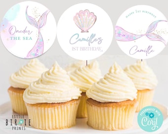 Onder de zee zeemeermin verjaardag cupcake toppers, zeemeermin eerste verjaardagsfeestje decoraties, pastel zeemeermin staart paars bewerkbare download