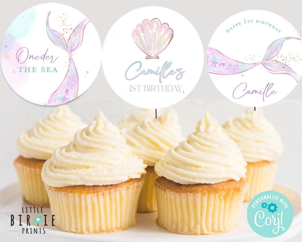 Oneder the sea Mermaid birthday cupcake toppers Mermaid first birthday party decorations Pastel mermaid tail purple editable