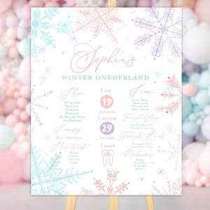 Girl Winter Onederland milestone poster, Pink first birthday snowflake stats firsts board, Pastel purple pink blue snow first birthday 1st