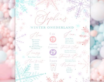 May include: A pink and blue winter wonderland themed first birthday milestone poster with a snowflake design. The poster includes the name "Sophia", the child's age, weight, height, and favorite things.