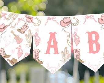 May include: A white pennant banner featuring a repeating pattern of pink cowboy hats, boots, cacti, horseshoes, guitars, bandanas, and bows, with the large pink letters A and B centered on individual pennants in a western-inspired font.