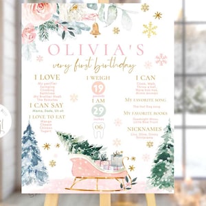 Modificabile Oh che divertimento! Primo compleanno pietra miliare poster INVERNO Slitta cavalcare Albero di Natale Vacanze Oro rosa statistiche tavola Pino fiori neve