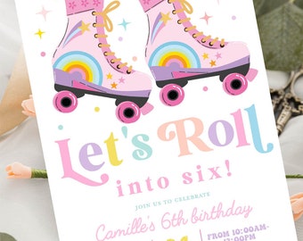 Roller skate birthday party invitation, Roller skate birthday invite, Rollerblade Skate rink birthday girl retro rainbow 4th 5th 6th 7th 8th