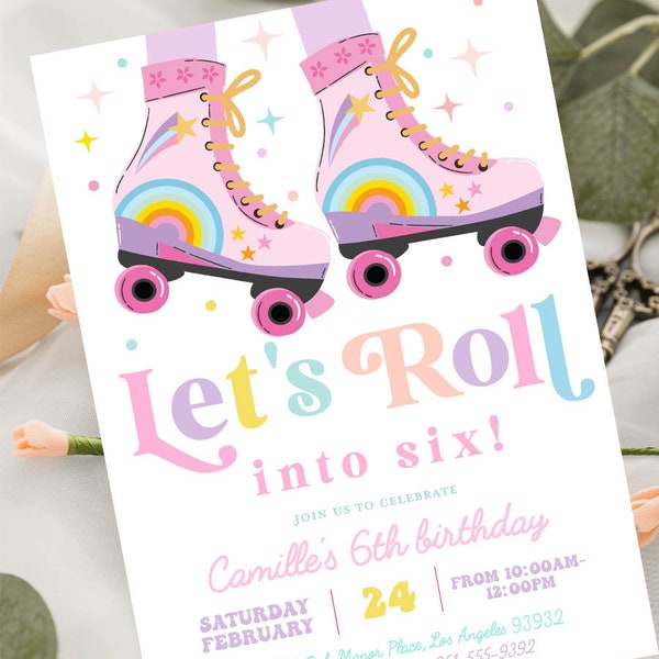 Roller skate birthday party invitation, Roller skate birthday invite, Rollerblade Skate rink birthday girl retro rainbow 4th 5th 6th 7th 8th