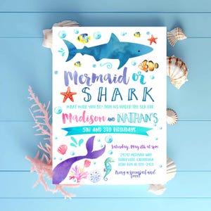 MERMAID and SHARK INVITATION Mermaid or shark birthday invitation Dual Sibling Printable Birthday Invitation Under the Sea Pool Party girl