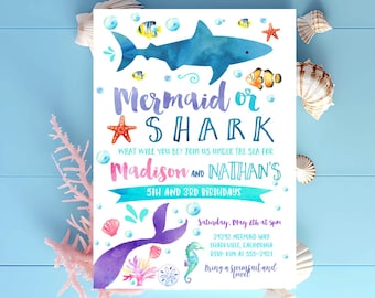 MERMAID and SHARK INVITATION Mermaid or shark birthday invitation Dual Sibling Printable Birthday Invitation Under the Sea Pool Party girl