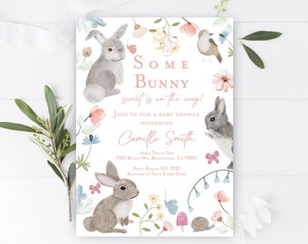 Editable Bunny Baby shower invitation Pink Girl Rabbit baby shower invitation, A little bunny is on the way, butterflies wildflowers invite