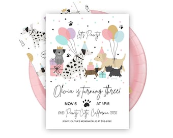 Hündchen-Geburtstags-Party Einladung, Mädchen-Hündchen-Einladung, rosa Welpen-Haustier-Einladung, sofortiger Download bearbeitbare Vorlage corjl
