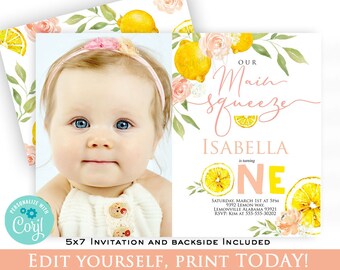 MAIN SQUEEZE Birthday invitation Lemon first birthday invitation Lemonade birthday invitation Lemons Floral Birthday party Main Squeeze