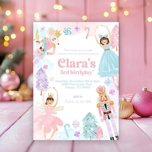 NUTCRACKER Birthday invitation Sugar plum fairy birthday invitation Pastel Ballet Pink Christmas tree birthday invitation, land of sweets