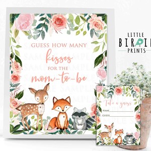 Girl Woodland Babyshower Raad eens hoeveel kusjes voor de aanstaande moeder Raad eens hoeveel snoepjes er in de pot snoeppot zitten met gokkaarten