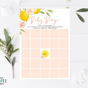 Lemon Baby game Baby bingo Lemon Girl baby shower lemons lemonade summer shower citrus blush peach Baby bingo Yellow Baby shower game