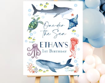 Oneder the sea birthday party welcome sign, Boy Oneder the sea decorations, Under the sea Shark Whale birthday party octopus turtle pool