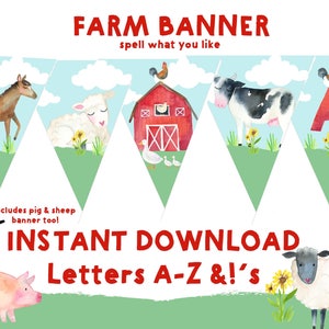 FARM BANNER Farm instant download banner Farm birthday party baby shower Barn Banner Printable Cow Horse Pig Sheep Lamb Duck Banner